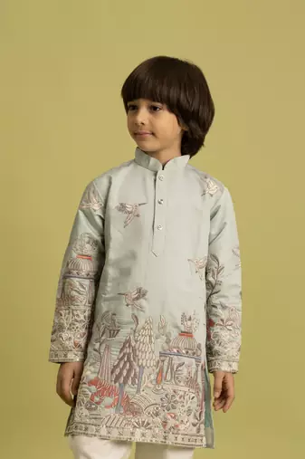 pista green viscose silk thread embroidered boys kurta pajama