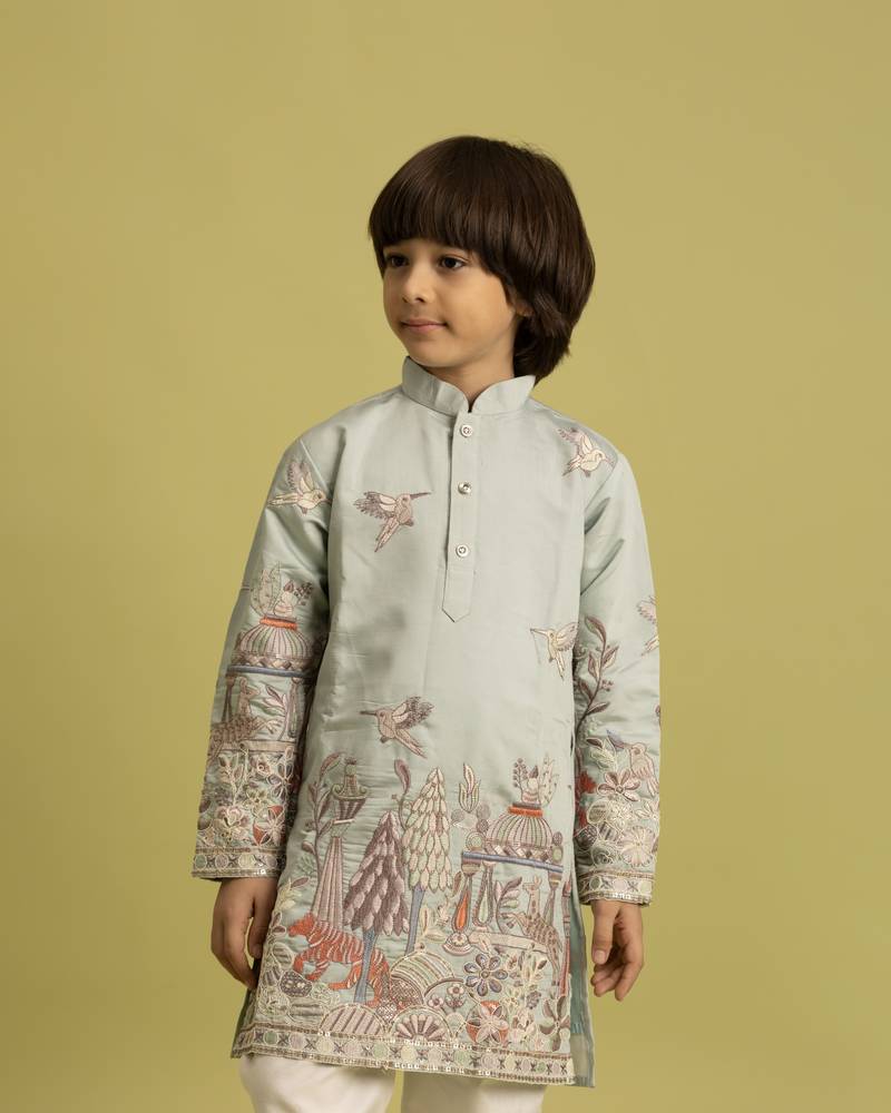 pista green viscose silk thread embroidered boys kurta pajama