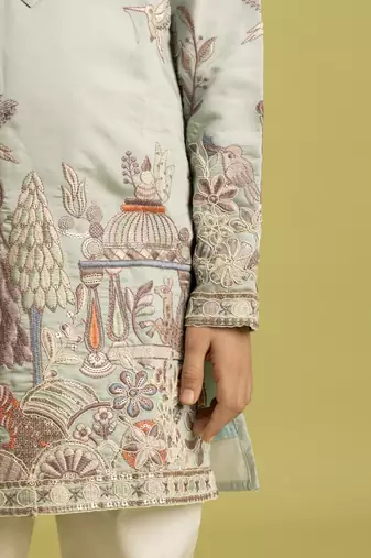 pista green viscose silk thread embroidered boys kurta pajama