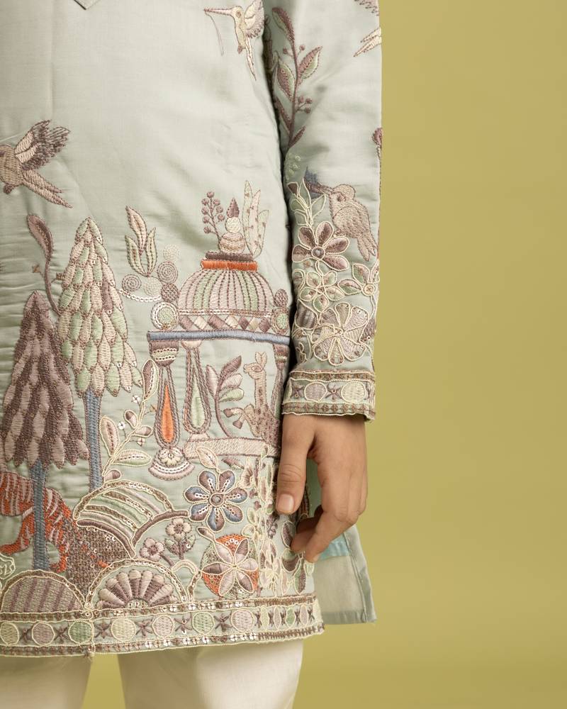 pista green viscose silk thread embroidered boys kurta pajama
