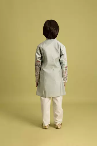 pista green viscose silk thread embroidered boys kurta pajama