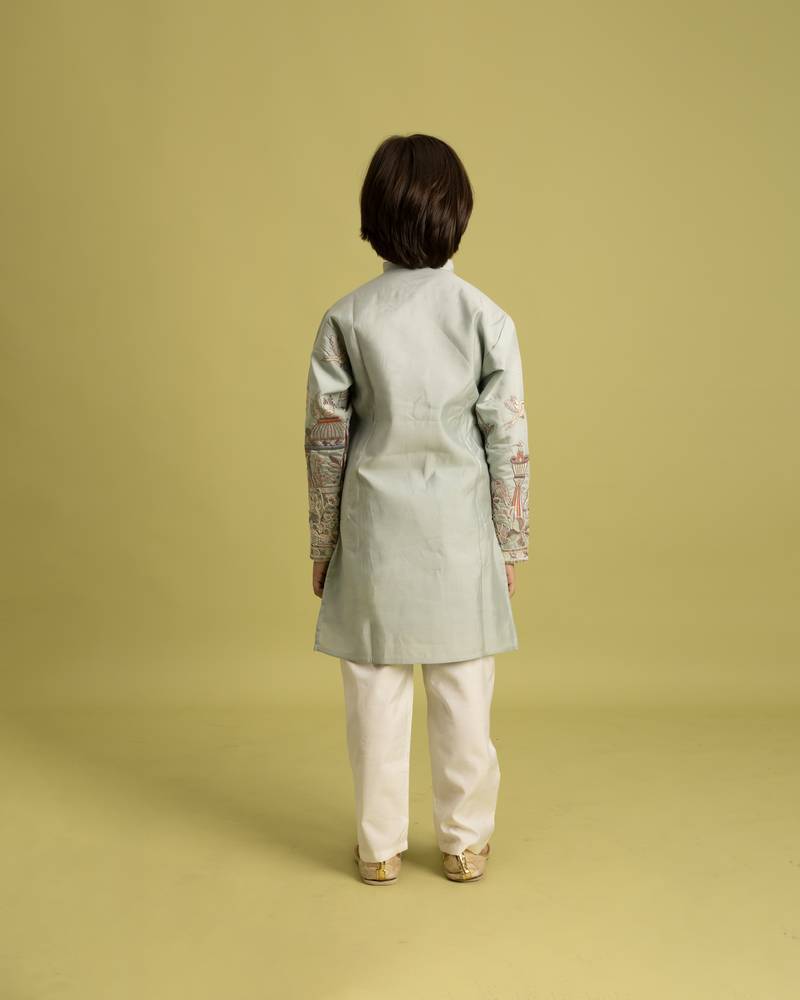 pista green viscose silk thread embroidered boys kurta pajama