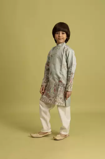 pista green viscose silk thread embroidered boys kurta pajama