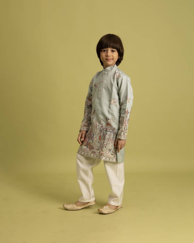 pista green viscose silk thread embroidered boys kurta pajama