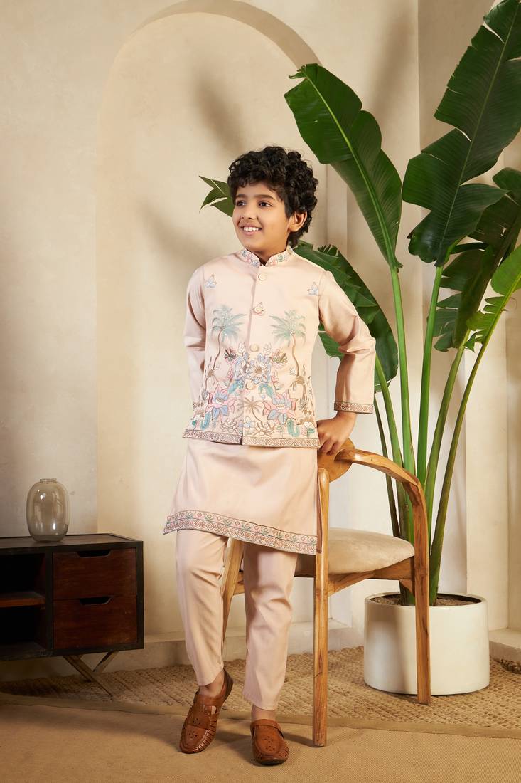 biege viscose silk thread embroidered boys kurta set with jacket