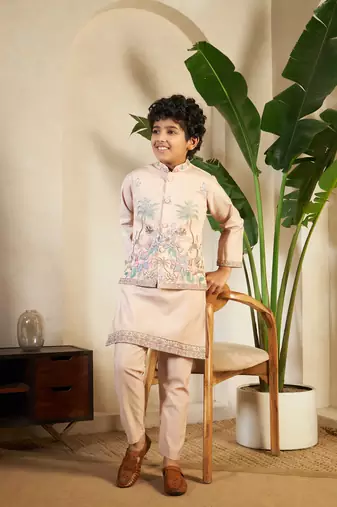 biege viscose silk thread embroidered boys kurta set with jacket