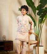 biege viscose silk thread embroidered boys kurta set with jacket