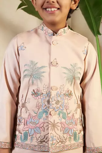 biege viscose silk thread embroidered boys kurta set with jacket