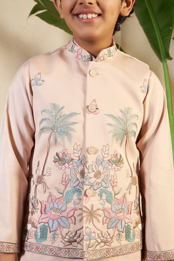 biege viscose silk thread embroidered boys kurta set with jacket