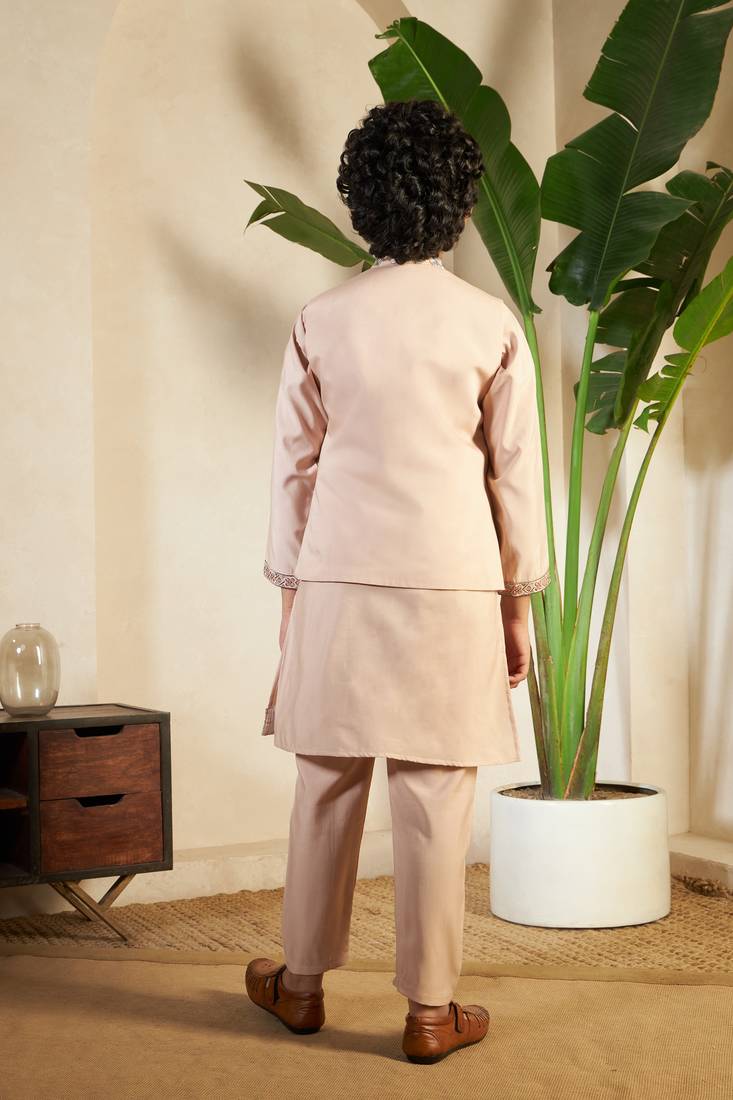 biege viscose silk thread embroidered boys kurta set with jacket