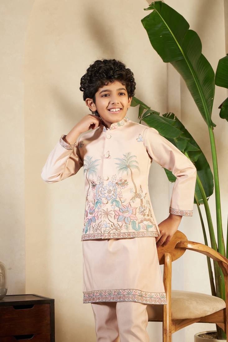 biege viscose silk thread embroidered boys kurta set with jacket
