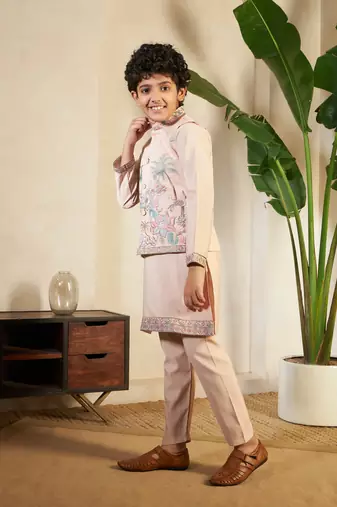 biege viscose silk thread embroidered boys kurta set with jacket