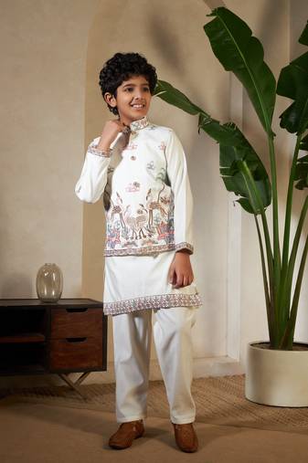 white viscose silk thread embroidered boys kurta set with jacket