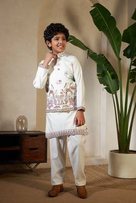white viscose silk thread embroidered boys kurta set with jacket 1