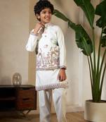 white viscose silk thread embroidered boys kurta set with jacket