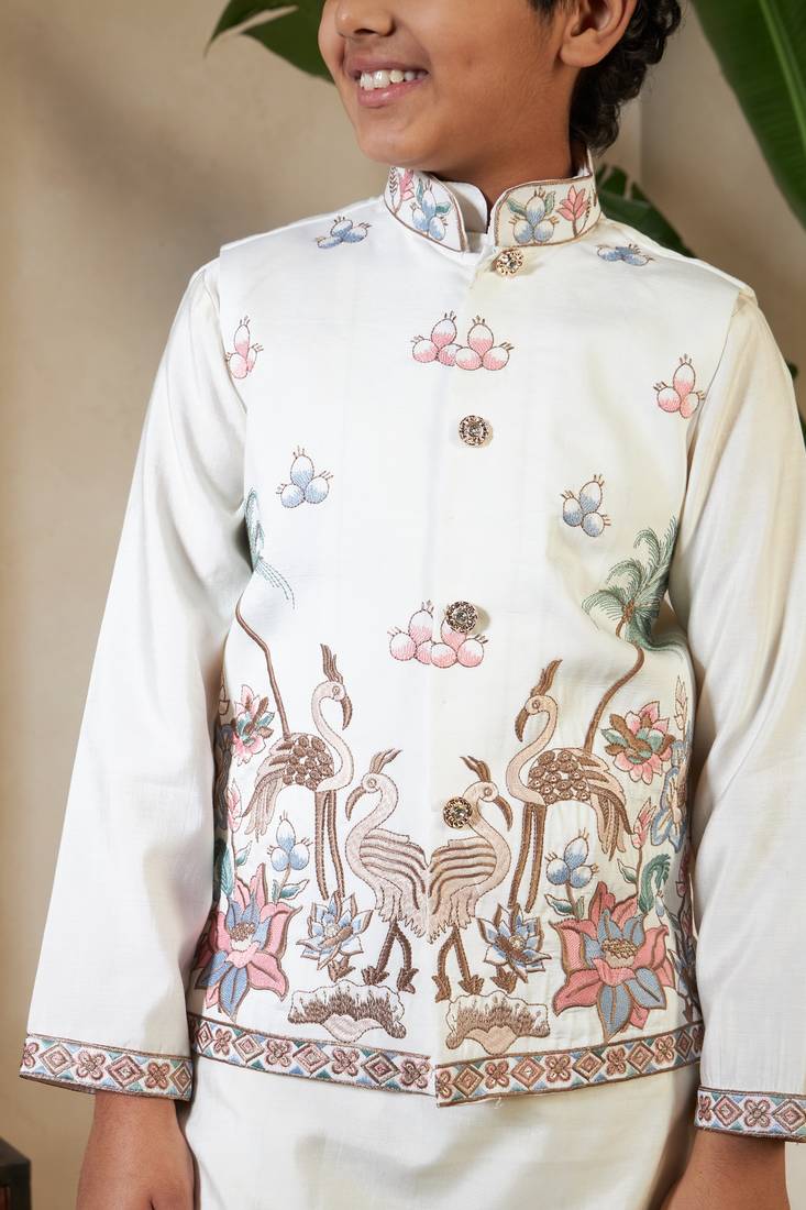 white viscose silk thread embroidered boys kurta set with jacket