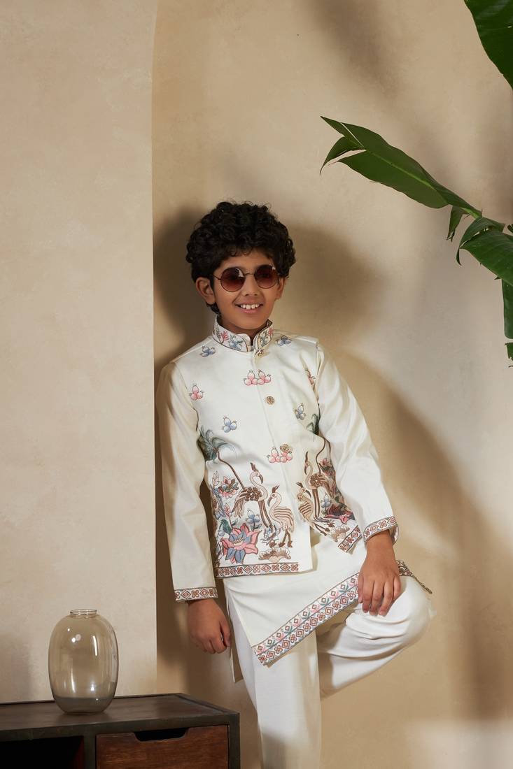 white viscose silk thread embroidered boys kurta set with jacket