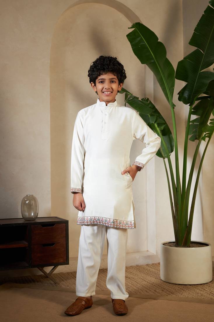 white viscose silk thread embroidered boys kurta set with jacket
