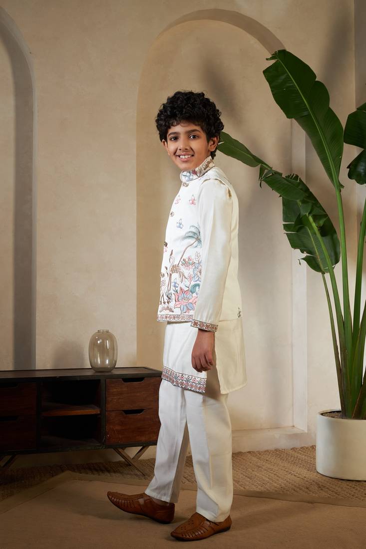 white viscose silk thread embroidered boys kurta set with jacket