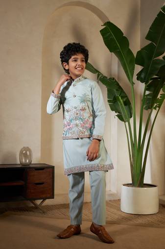 Pista green viscose silk thead with sequins embroidered work function festival party boys straight kurta pant koti