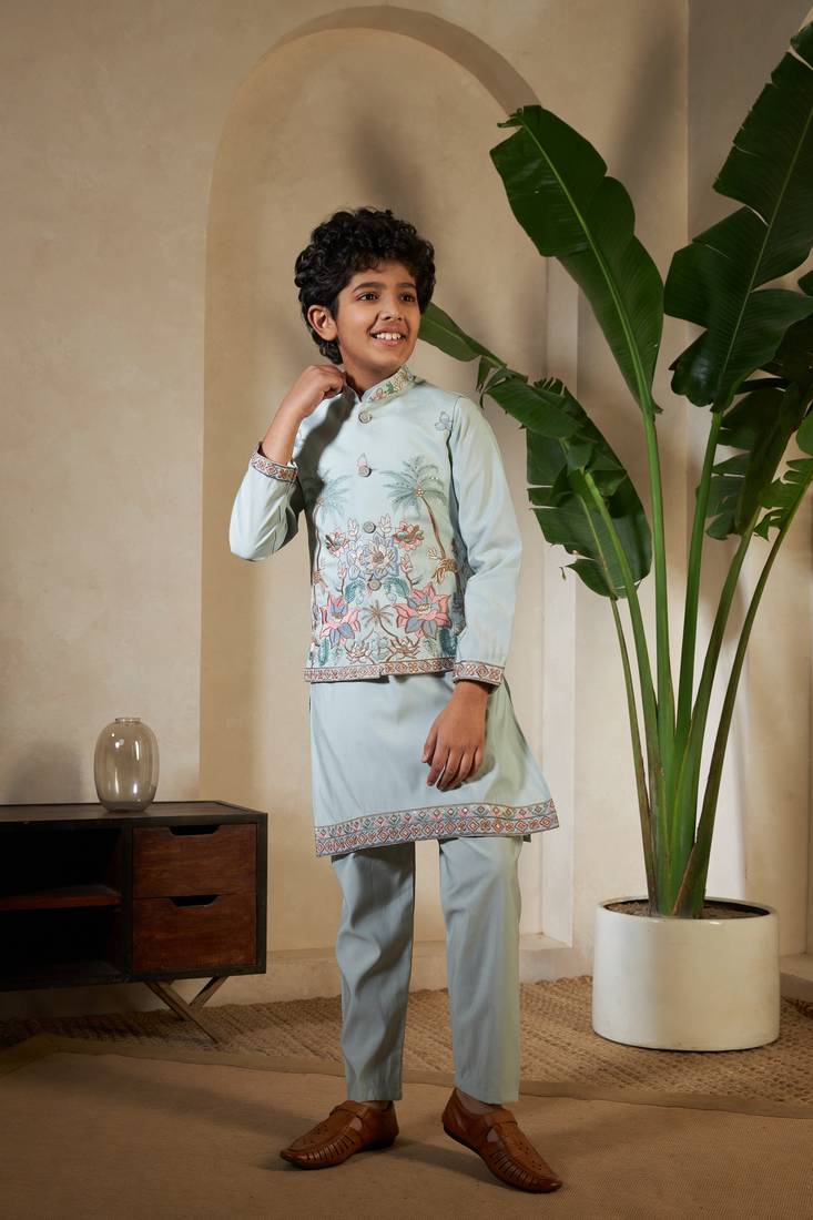 pista green viscose silk thread embroidered boys kurta set with jacket