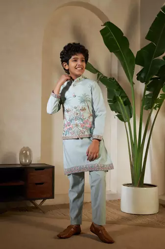 Pista green viscose silk thead with sequins embroidered work function festival party boys straight kurta pant koti