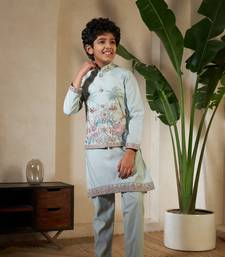 pista green viscose silk thread embroidered boys kurta set with jacket