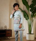 pista green viscose silk thread embroidered boys kurta set with jacket