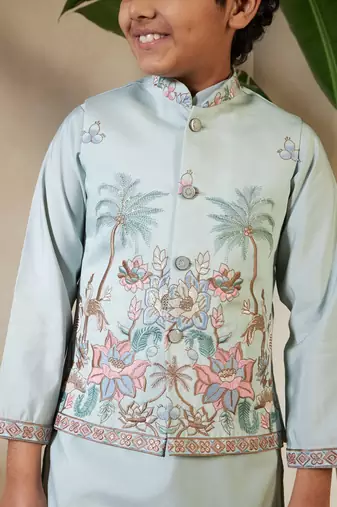 pista green viscose silk thread embroidered boys kurta set with jacket