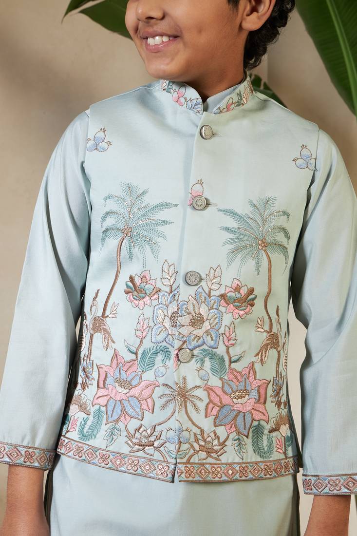 pista green viscose silk thread embroidered boys kurta set with jacket