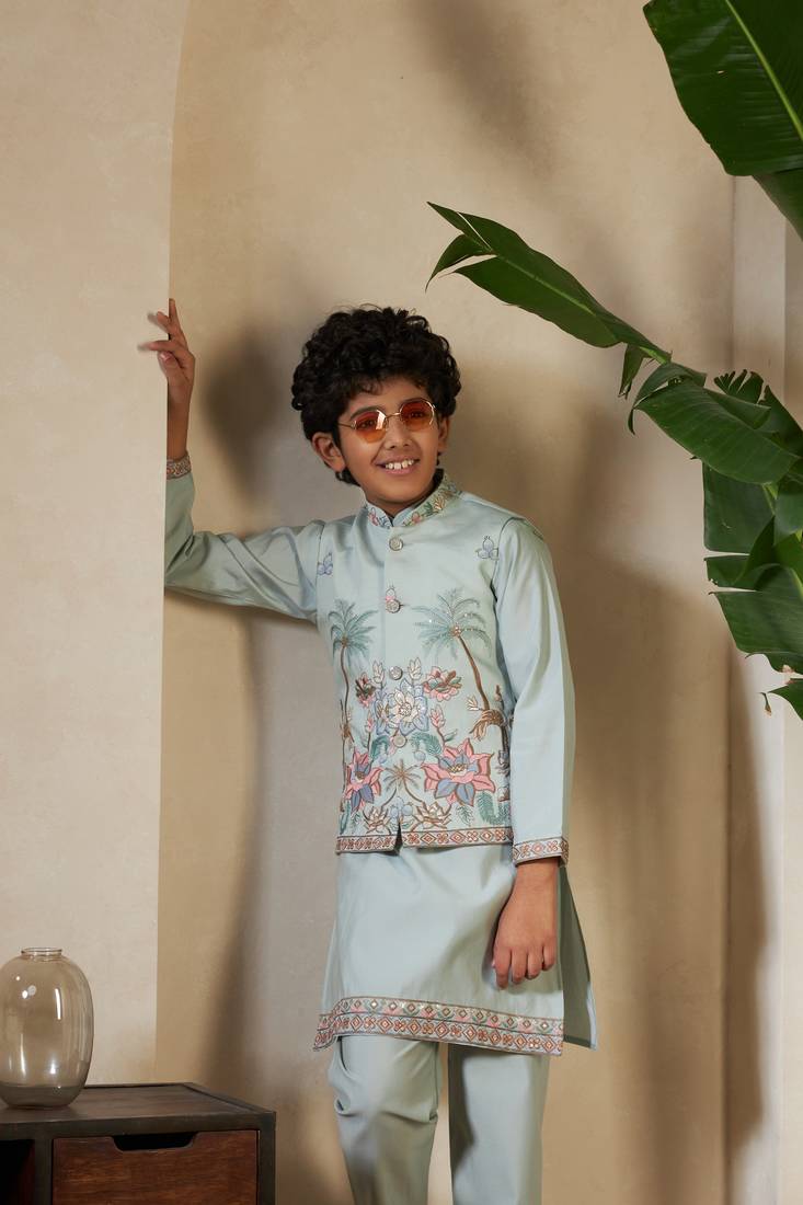 pista green viscose silk thread embroidered boys kurta set with jacket
