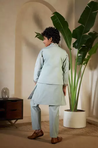 pista green viscose silk thread embroidered boys kurta set with jacket