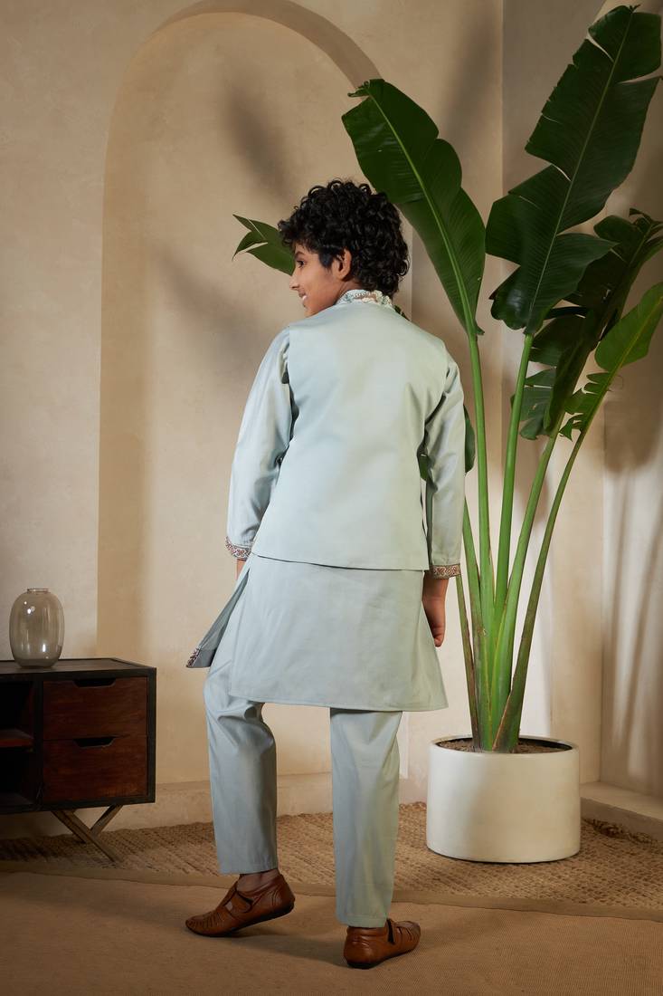pista green viscose silk thread embroidered boys kurta set with jacket