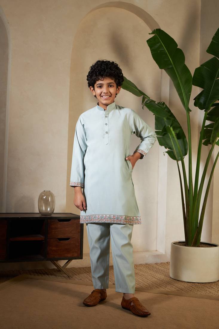 pista green viscose silk thread embroidered boys kurta set with jacket
