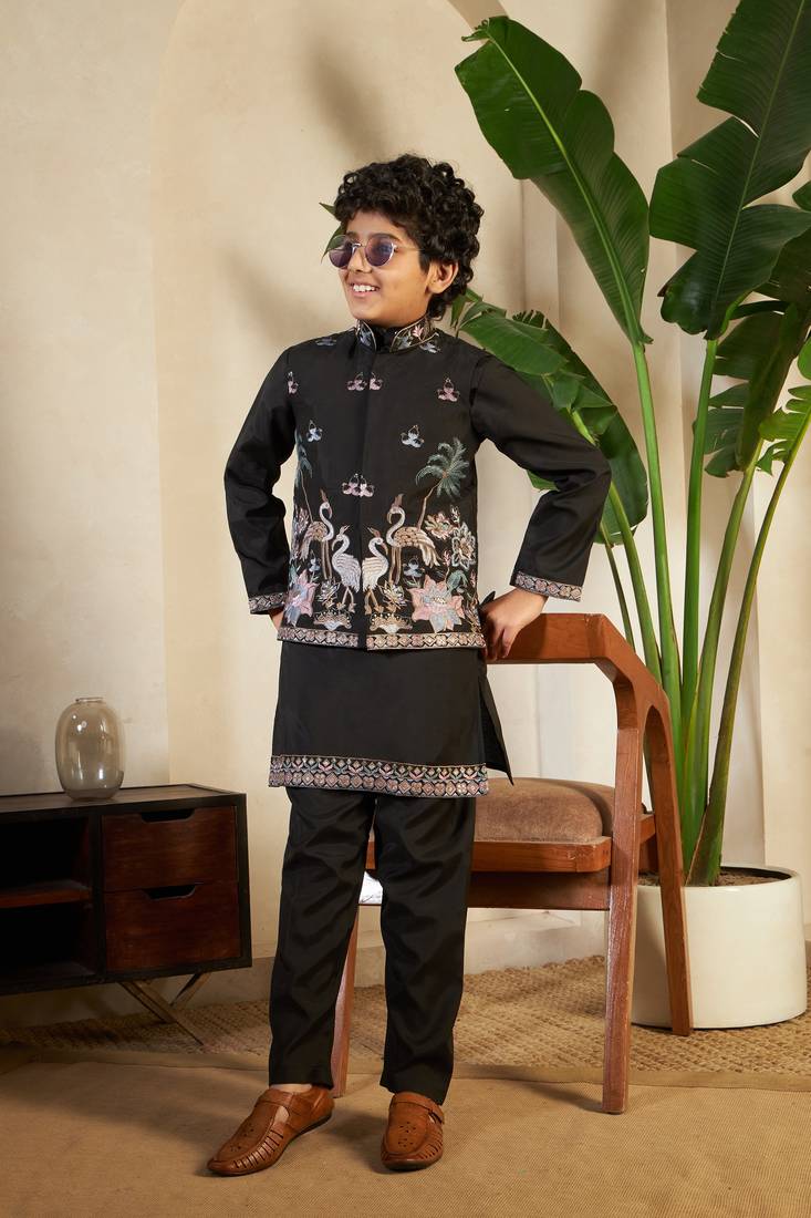 black viscose silk thread embroidered boys kurta set with jacket