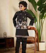 black viscose silk thread embroidered boys kurta set with jacket