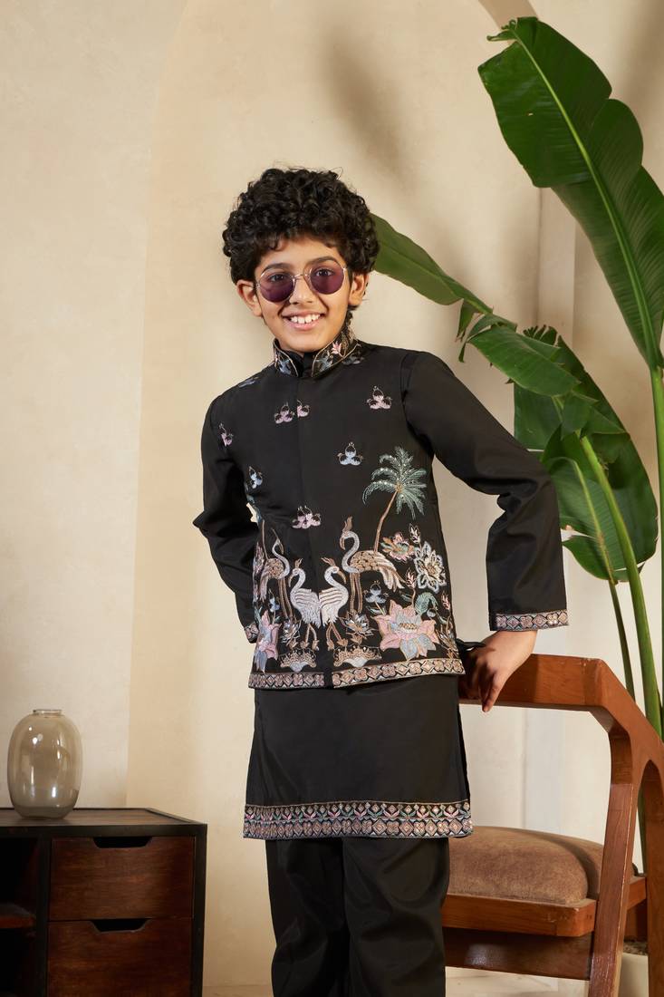 black viscose silk thread embroidered boys kurta set with jacket