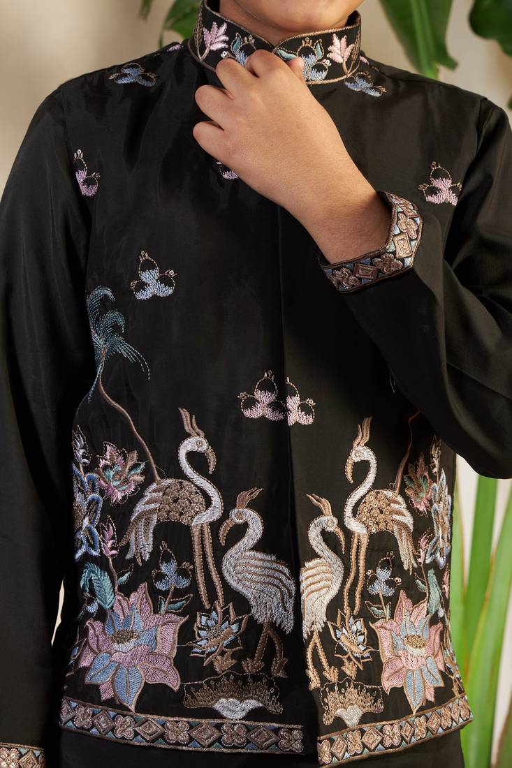 black viscose silk thread embroidered boys kurta set with jacket