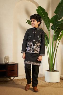 black viscose silk thread embroidered boys kurta set with jacket 4