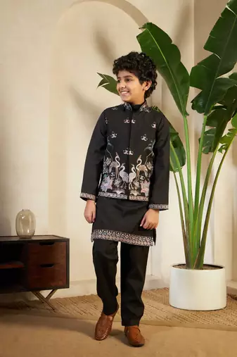 black viscose silk thread embroidered boys kurta set with jacket