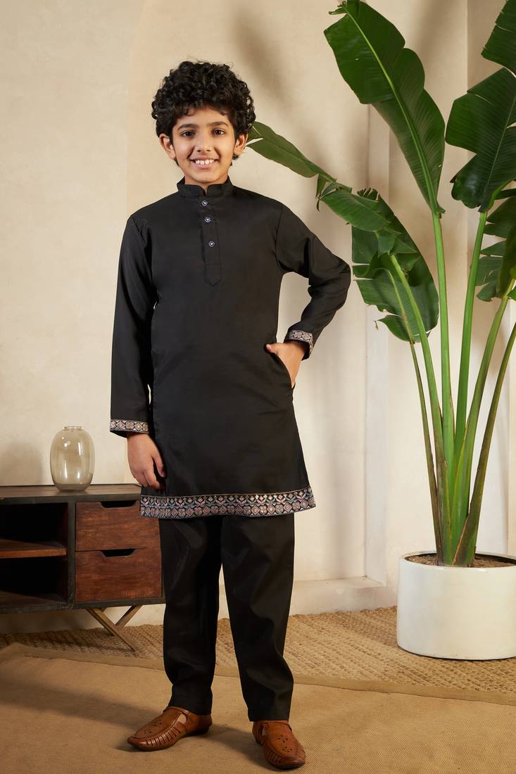 black viscose silk thread embroidered boys kurta set with jacket