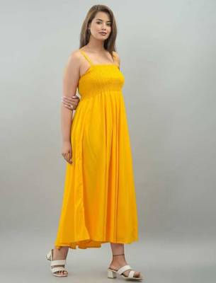 yellow viscose rayon smocked maxi dress for women 1