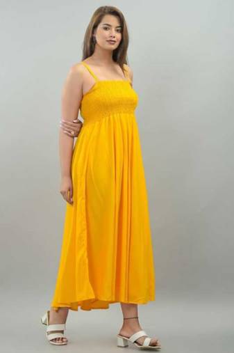 yellow shoulder straps fit & flare midi dress