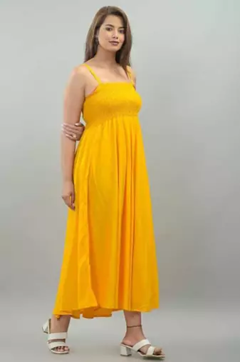 yellow viscose rayon smocked maxi dress for women