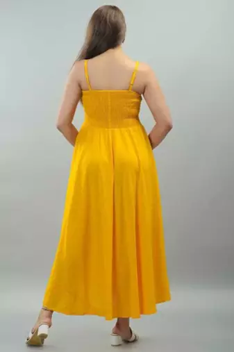 yellow viscose rayon smocked maxi dress for women