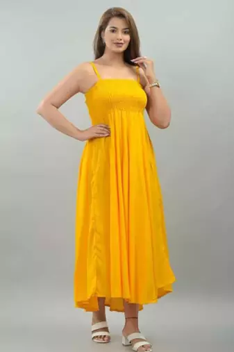 yellow viscose rayon smocked maxi dress for women
