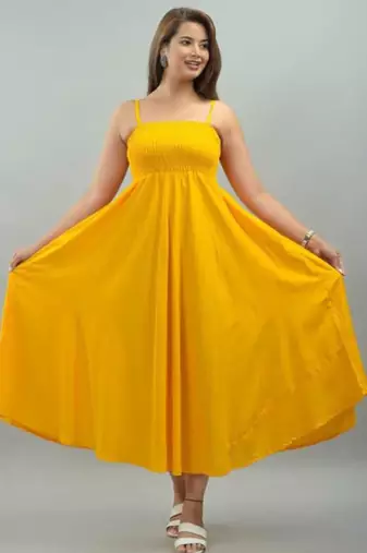 yellow viscose rayon smocked maxi dress for women