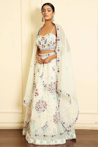 GLAMOROUS WOMEN'S CREAM 3MM SEQUINS AND THREAD EMBROIDERED GEORGETTE FABRIC LEHENGA CHOLI FOR WEDDING