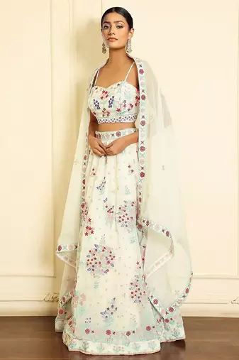 GLAMOROUS WOMEN'S CREAM 3MM SEQUINS AND THREAD EMBROIDERED GEORGETTE FABRIC LEHENGA CHOLI FOR WEDDING