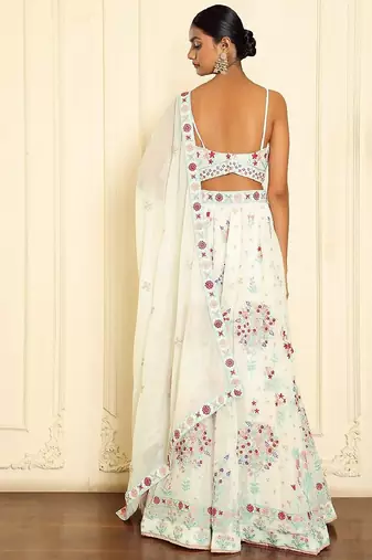 GLAMOROUS WOMEN'S CREAM 3MM SEQUINS AND THREAD EMBROIDERED GEORGETTE FABRIC LEHENGA CHOLI FOR WEDDING